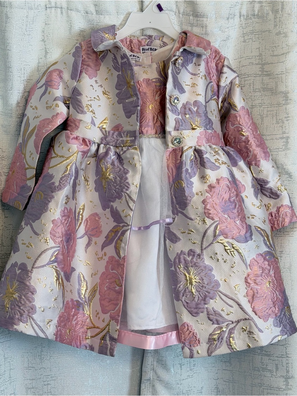 Blueberi Boulevard Pink and Lavender Floral Brocade Girls' Formal Dress Coat